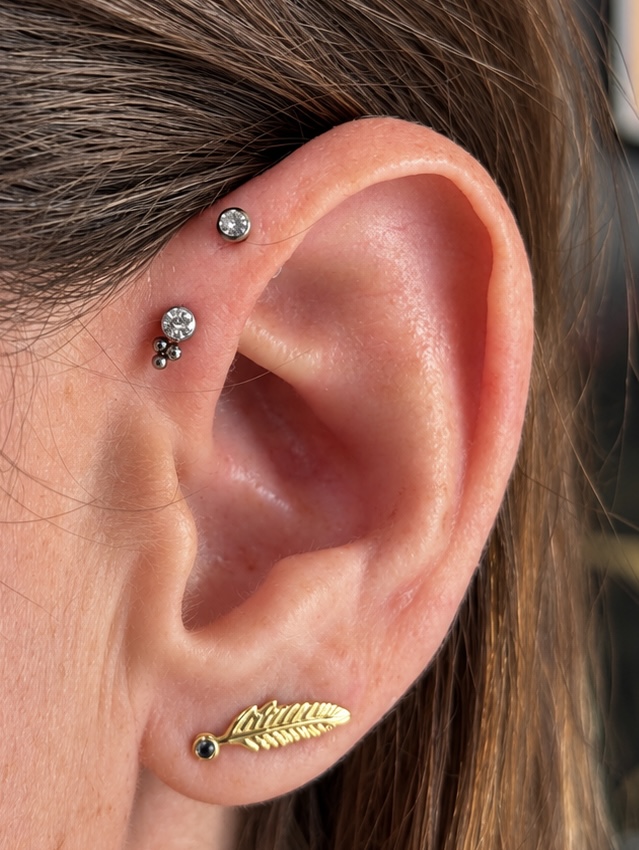 Composición de oreja con joyería dorada